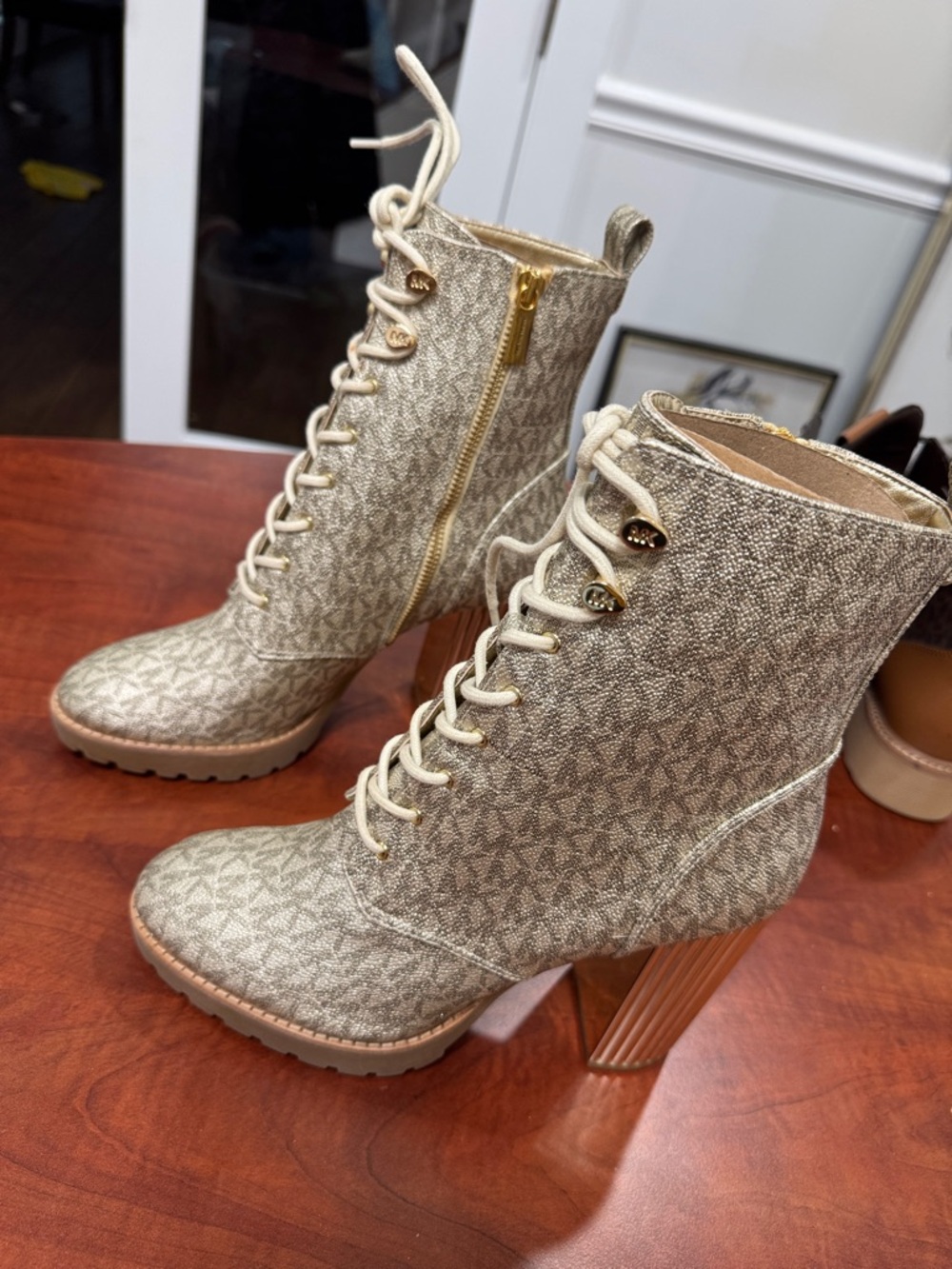 Michael Kors Metallic Gold Lace-Up Logo Combat Boots - Picture 5 of 5
